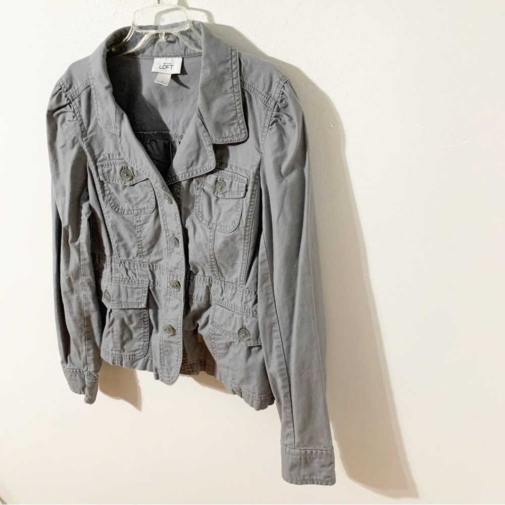 Ann Taylor LOFT Button Front Cotton Jacket Pockets Long Sleeves Puffed Shoulders - Picture 4 of 12